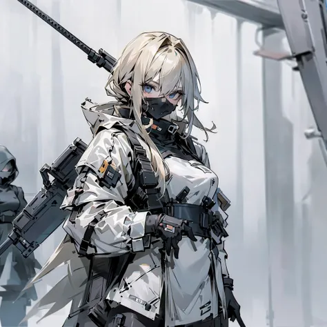 Group of three girls one with blonde hair, second with gray hair, and the last third one have ivory hair are holding cyberpunk assault rifles near a military humvee in the wasteland 