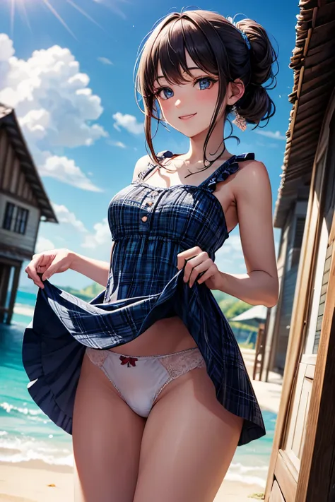 very cute and beautiful girl standing near the window,(Blue plaid summer dress with fine ruffles),No sleeve,Fine lace,(skirt lift,white panties), (very detailed美しい顔),beach,wooden floating cottage, cowboy shot,(smile),blush,looking at the viewer,medium hair...