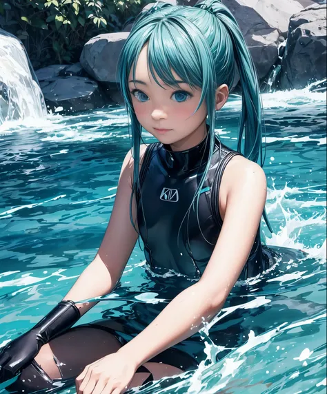 (masterpiece、highest quality、highest quality、official art、beautiful beautiful:1.2)、(1 girl:1.3)Hatsune Miku、twin tails,very detailed、miku hatsune,wetsuit,diving,Sea,, 完璧なボディ構造プロポーションのmasterpiece, Super detailed, Mysterious, warm and friendly atmosphere, 