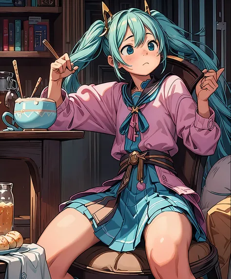 (masterpiece、highest quality、highest quality、official art、beautiful beautiful:1.2)、(1 girl:1.3)Hatsune Miku、twin tails,Anime girl sitting on a chair with a bowl of food in her hand, alchemist girl, light novel cover picture, official art, Epic light novel ...