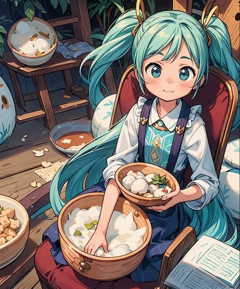 (masterpiece、highest quality、highest quality、official art、beautiful beautiful:1.2)、(1 girl:1.3)Hatsune Miku、twin tails,Anime girl sitting on a chair with a bowl of food in her hand, alchemist girl, light novel cover picture, official art, Epic light novel ...