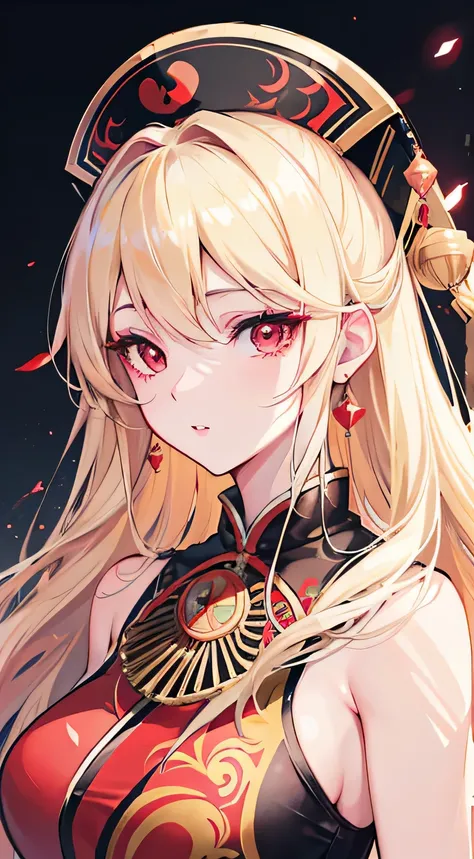 high resolution,super detailed,Beautiful and detailed eyes and face,red eyes,beautiful and delicate lips,long eyelashes,blond,Physically based rendering,illustration,Junko,eastern plan,beautiful breasts, bright colors,Luminous lighting