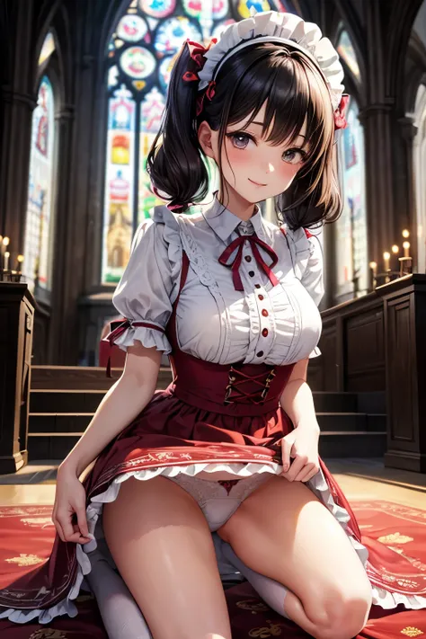 very cute and beautiful girl,(highly detailed beautiful face),
(smile),blush,black hair,low twintails,cowboy shot,looking at viewer,kneeling,
(floral pattern brown lolita dress with detailed frills),detailed lace,(skirt lift,white panties),
altar,church,in...