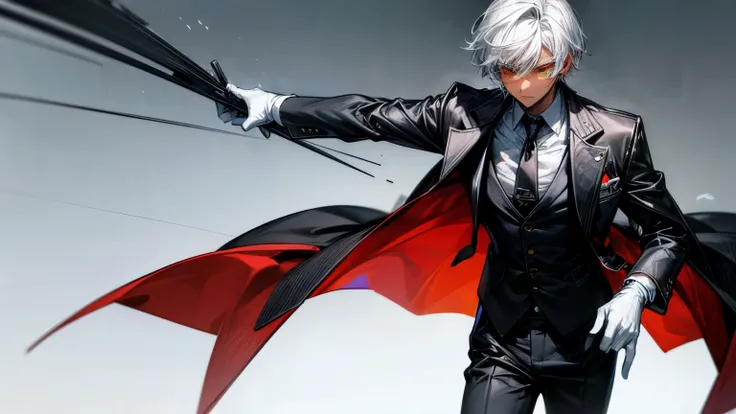 1boy, solo, standing, dark skin, white hair, heterochromia in the eyes, red right eye, yellow left eye, suit, butler uniform, white shirt, dress shirt, black necktie, red waistcoat, vest, black coat, black jacket, black pants, white gloves, kitchen 