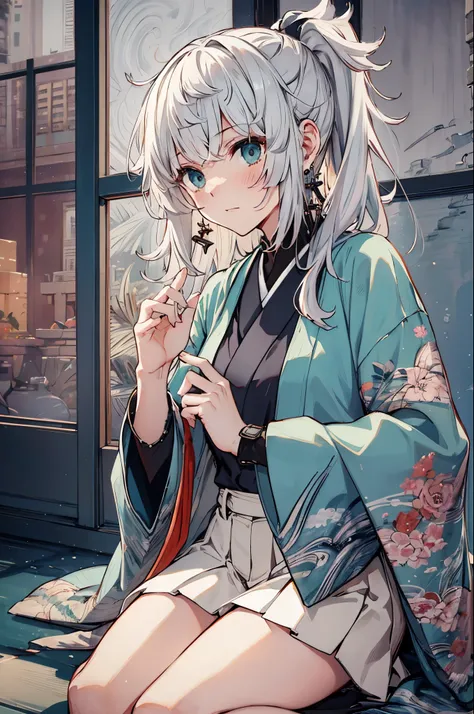 masterpiece, highest quality,dutch angle ,beautiful detailed eyes, visualart,five fingers, perfect hands,yuishousetsu, white hair,ponytail, tassel earrings,kimono,white skirt,(undressing:1.5),(slender),(skinny),small breasts,indoor, japanese architecture,b...