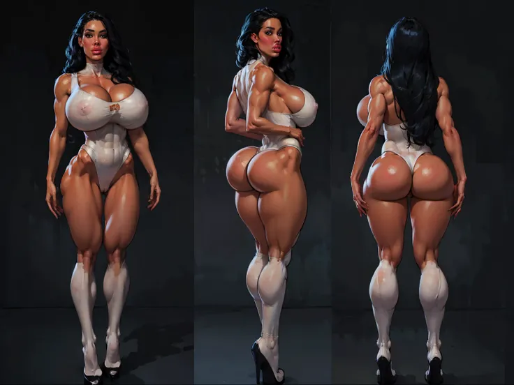 ((masterpiece)),(((best quality))),((character design sheet)), (Amy Anderssen) face,  illustration,1woman, environment Scene change, (long hair:1.4),((full body view)), (( woman in tight white leotard  With open neckline:1.5)), athletic, black legs, thick ...