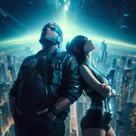 32k, Hyper Realistic, Cinematic scene, best romantic scene, looking up, facing foward, chubby man and slim woman standing lean each other in opposite directions cyberpunk theme, Earth and space as background, beautiful galaxy views, Hyper detailed face, de...