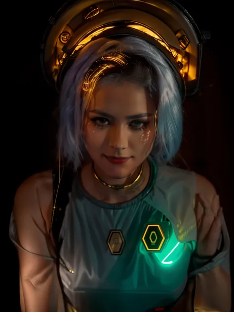 A mystical Trader from the future, in front of her there are various futuristic inventions and outlandish microcircuits. The merchant has a very beautiful implant in her eye showing a neural interface in front of her face. The image is filled with a black ...