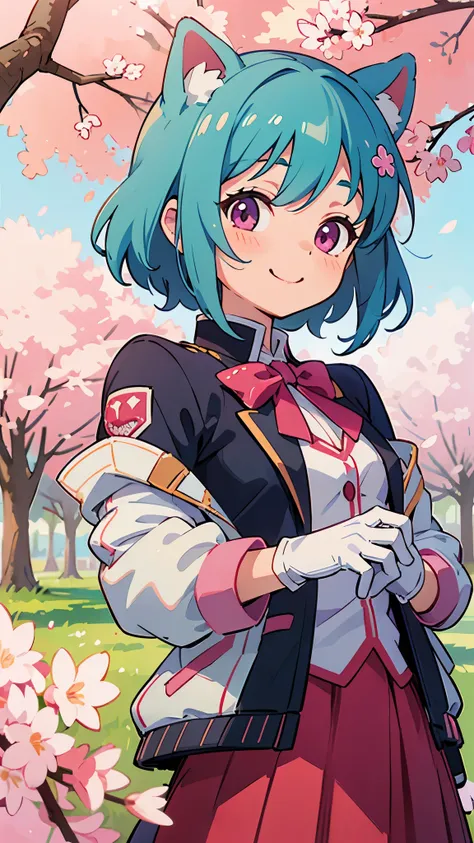 (highest quality、Extra fine、real)、Genki Girl、anime high school girl、small breasts、riders jacket、light blue hair、dog ears、pink eyes、From the side、gloves、bright smile、stand in front of a cherry tree、upper body close-up、cherry blossom park、sharp outline