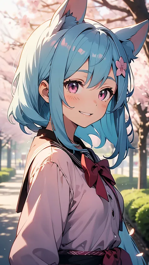 (highest quality、Extra fine、real)、Genki Girl、anime high school girl、small breasts、riders jacket、light blue hair、dog ears、pink eyes、From the side、gloves、bright smile、stand in front of a cherry tree、upper body close-up、cherry blossom park、sharp outline