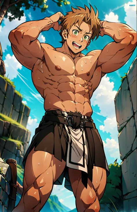 close-up of chest muscles, Showing off his huge, muscular chest muscles. red skin, bright red skin, the boy blushed shyly , rosy skin, shiny skin(muscular thigh muscles )( anime style, art) (photo angle from bottom up) (photo angle from the ground upwards)...