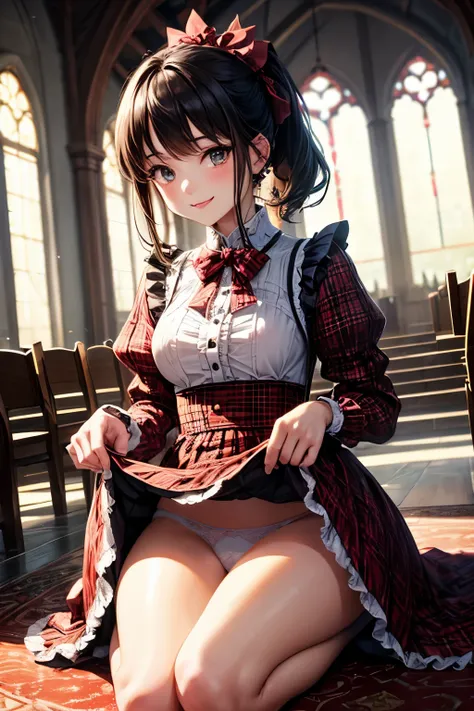 very cute and beautiful girl,(highly detailed beautiful face), (smile),blush,black hair,low ponytail,cowboy shot,looking at viewer,kneeling, (classic brown plaid lolita dress with detailed frills),detailed lace,(skirt lift,white panties), altar,church,indo...