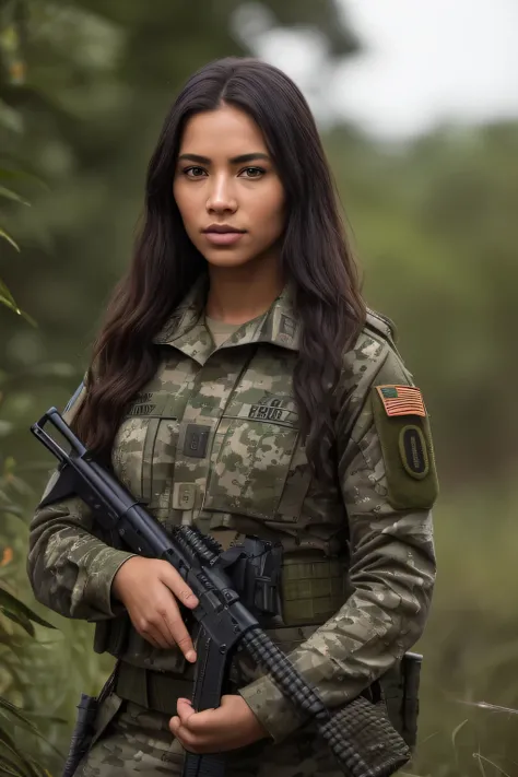 retrato de 1 ,
a (soldado:1.1) na selva em manobras usando (army uniforms:1.2) e segurando um rifle, (camuflar:1.2), militares, ...