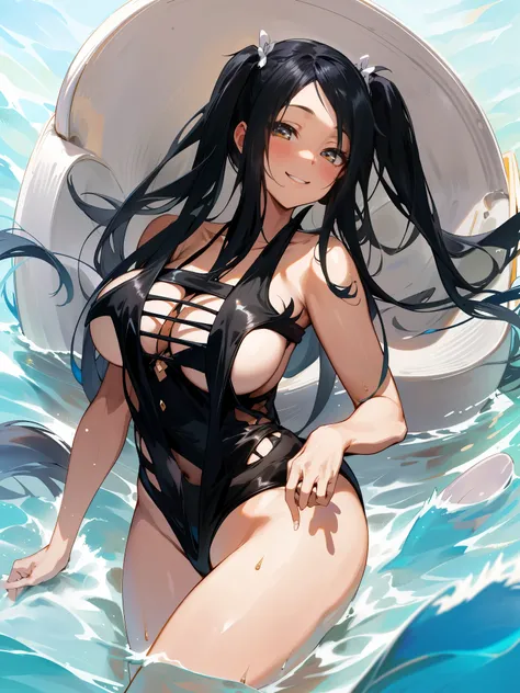 masterpiece，Top quality，A high resolution，1girll, two long tail, black hair, smile, black sexy dress ,anime, nude, sexy bikini, twintails hair, Middle part hair girl, looking viewer, thicc, H cup