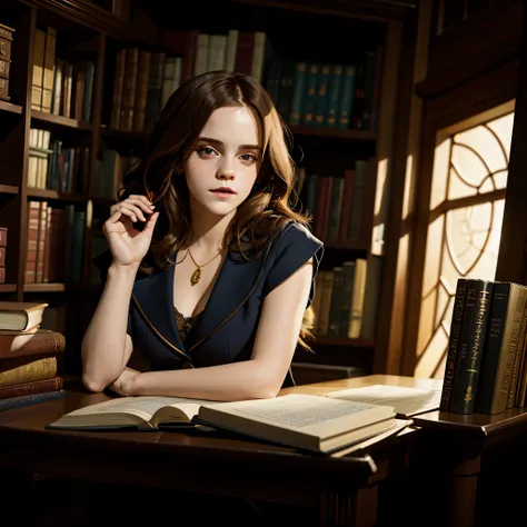 Emma Watson, sexy Hogwarts uniform, studies in the Hogwarts library, sitting at a table in front of a pile of books, short wavy hair, instagram pose, full body, complex, seductress, smiling, small breasts, at night, Highly detailed, digital painting, ArtSt...