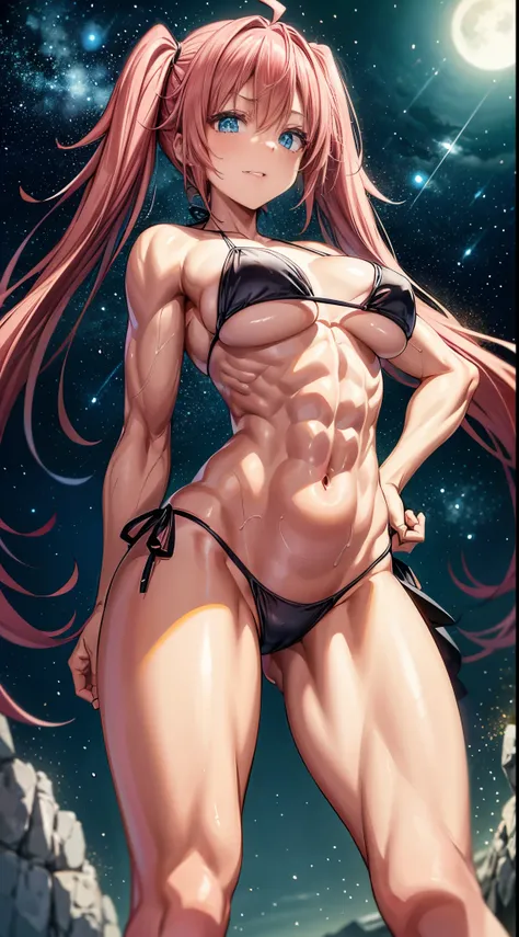 1 girl, (medium breasts))), (((wearing short bikini))), (Long pink hair), (((blue eyes))), thin arms, (on the beach at night with starry sky and full moon blood), (thin waist), (((muscular legs))), muscular belly, barefoot, (((showing me his big ass))), (f...