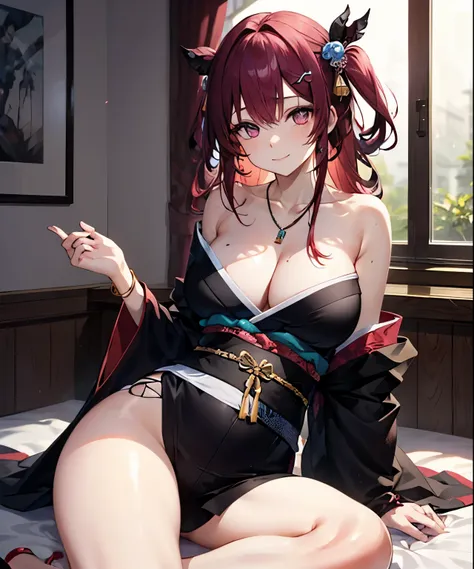 (Masterpiece、top quality)、Very sexy girl in Japanese anime style on the bed, leaning on the railing, 1 girl in, Breast, General, One, Kimono, Jewelry, Striped hair, multicolored hair, hair ornament,, I look at the viewer, split, hips hips hips hips, smile,...