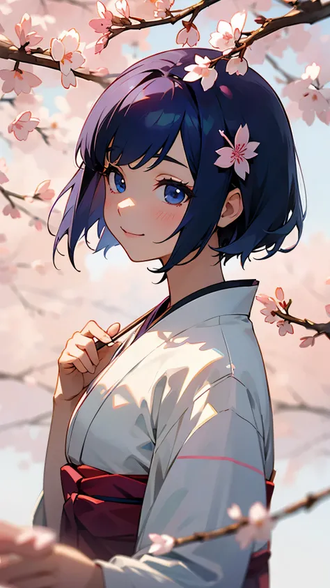 girl solo、short hair、dark blue hair、blue eyes、smile a little、background blur、cherry blossoms、From the side、hair flower、hair ornaments、kimono、Sakuraba、band、outdoors、sunlight、upper body close-up