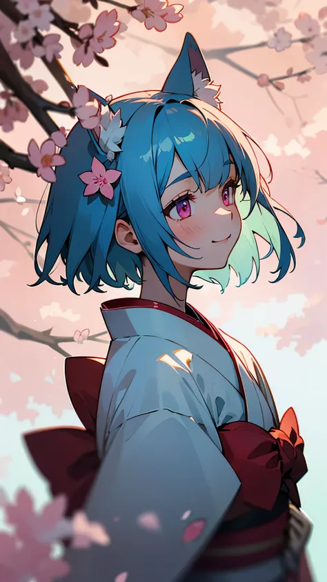 girl solo、short hair、light blue hair、dog ears、pink eyes、smile a little、background blur、cherry blossoms、From the side、hair flower、hair ornaments、kimono、Sakuraba、band、outdoors、sunlight、upper body close-up