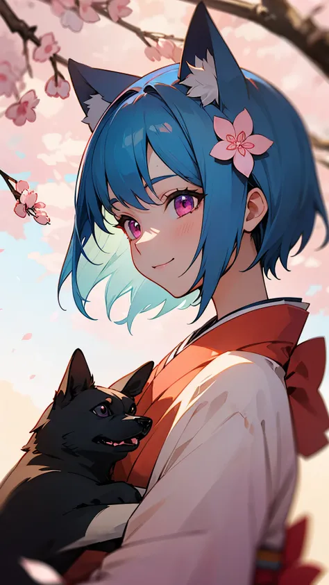 girl solo、short hair、light blue hair、dog ears、pink eyes、smile a little、background blur、cherry blossoms、From the side、hair flower、hair ornaments、kimono、Sakuraba、band、outdoors、sunlight、upper body close-up