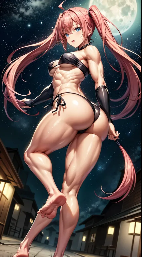 1 girl, (medium breasts))), (((wearing short bikini))), (Long pink hair), (((blue eyes))), thin arms, (on the beach at night with starry sky and full moon blood), (thin waist), (((muscular legs))), muscular belly, barefoot, (((showing me his big ass))), (f...