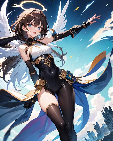 fantasy, 1angel_girl,, ,brown_hair, medium_bob_hair, long_bangs, halo,bare_shoulder,thighhighs,silver_armor, waist_armor, large_breasts,angry,grinning,open_mouth_teeth, 1pair_wings, dynamic_pose_fighting,floating, bare_crotch, headgear,gauntlet, greaves,ci...