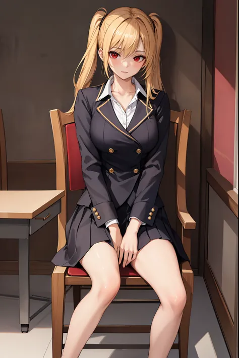 (masterpiece:1.5, highest quality, black skin), woman, 16 years old, one person, school uniform, blonde, long twin tails, red eyes, open chest, Big breasts, (beautiful hands, beautiful fingers, beautiful legs), luxury chair, sit with knees close together, 