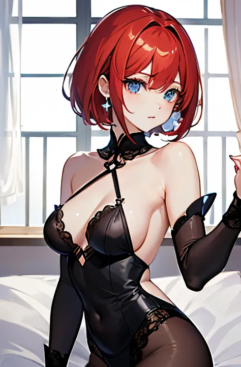 ８K, highest quality, masterpiece, super detailed,　super short hair、Pale redhead、straight hair、、Double eyelid eyes、pale blue eyes、　circle earrings、、small breasts、　arched back　、from behind、　midnight、pajamas、bed、underwear　