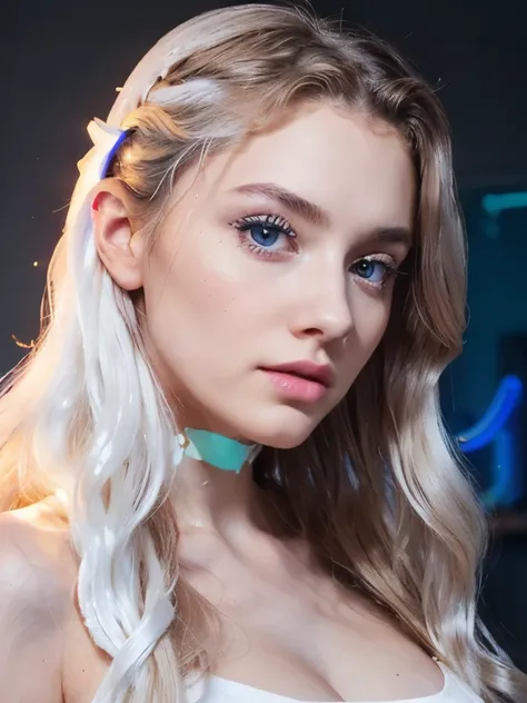 a 22 year old woman named Bella Brown, serious expression and striking appearance. My hair (((long wavy hair in fluorescent white neon))), framing my face and highlighting my very very large blue eyes and brighter than a normal human being, magnetic bright...