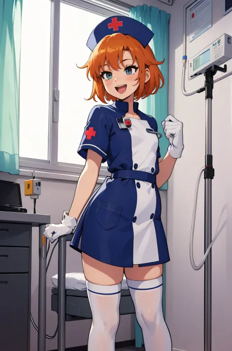 1 boy, alone, male focus, nurse, nurse cap, white clothes, ((white legwear, zettai ryouiki)), white gloves, short hair, orange hair, smile, open your mouth, Are standing, ((hospital room)), sharp outline, short sleeve, Shota, 12 years old, highest quality,...