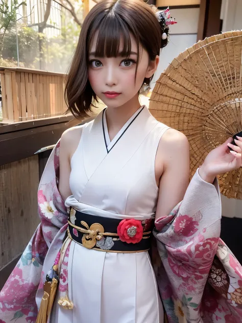 ((highest quality, 16k, masterpiece: 1.3)), 1 girl, (face focus: 1.2, Depth of the bounds written), beautiful woman with perfect figure: 1.4, thin abs: 1.2, (((short bob hair)), ((small: 1.1)), ((beautiful face idol: 1.3)), ((Kimono 1.5 (transparent white ...