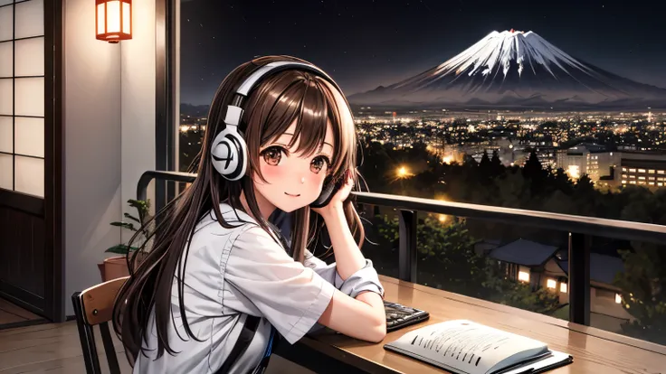 lofi research, girl, write, ~ side, 日本人のgirl, brown hair, medium long hair, headphones, summer clothes, window, mount fuji background, summer night