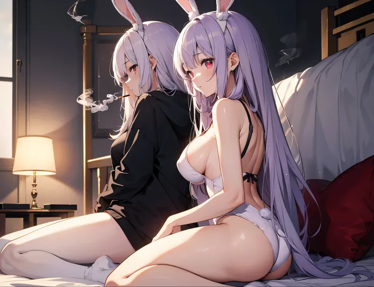 Close-up,highest quality, ultra detail, High quality CG drawing, The most delicate and beautiful, Floating gently, High resolution, (1 girl), (Highest image quality,4K,8K,masterpiece:1.2) ,light purple hair,Rabbit,Bunny ears,long hair,red eyes,room,Upper b...