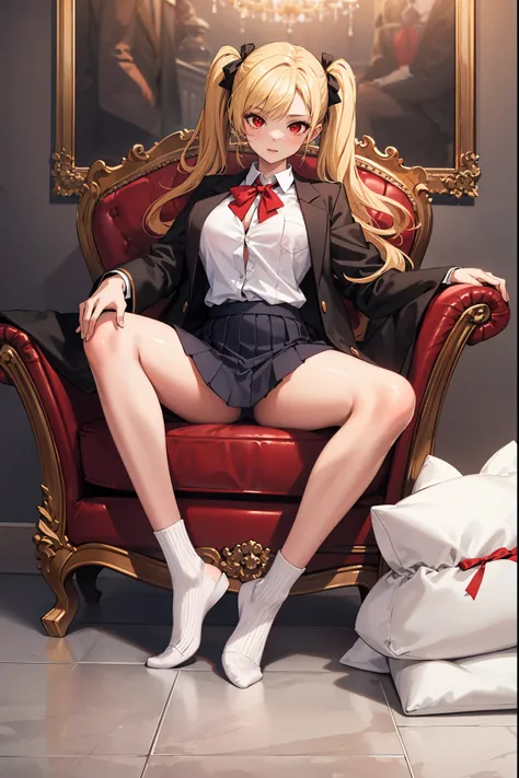 (masterpiece:1.2, highest quality), woman, 16 years old,one person,school uniform,blonde,twin tails,red eyes, (black skin),open chest,Big breasts,beautiful hands,beautiful fingers,luxury chair,sit with knees close together,JK