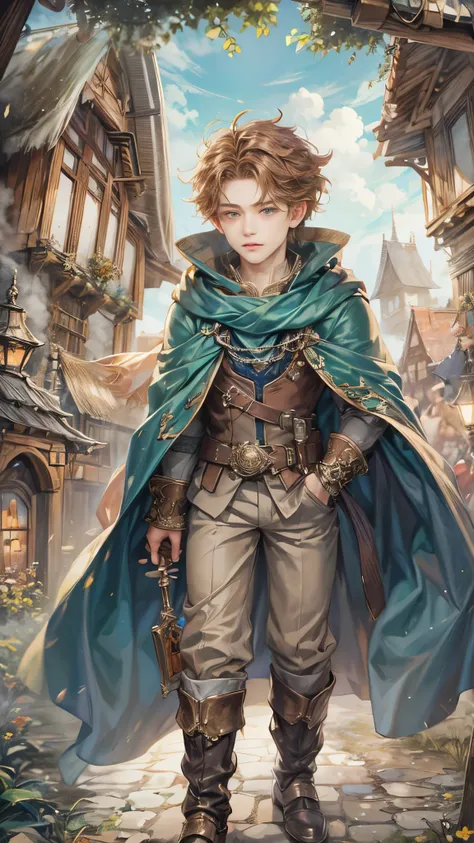 (absurdres, highres, ultra detailed, HDR), masterpiece, Intricate details,best quality picture of a character from Octopath Traveler, handsome teen boy with random Hair color, anime eyes, Hero Outfit showing Chest with cape in a random color, detailed town...