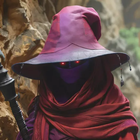 MALE MALE wearing a purple hat and red cape with black light, ww 1 feiticeiro sith, olhos vermelhos macabros, mago do inferno, realista filme 4k