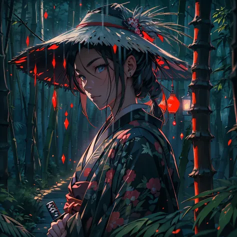 best quality, highres, ultra-detailed, realistic, HDR, moody, dark, bamboo hat, detailed raindrop effect, bamboo forest, moonlit night, black kimono with glowing red stripes, shining katana, epic scene