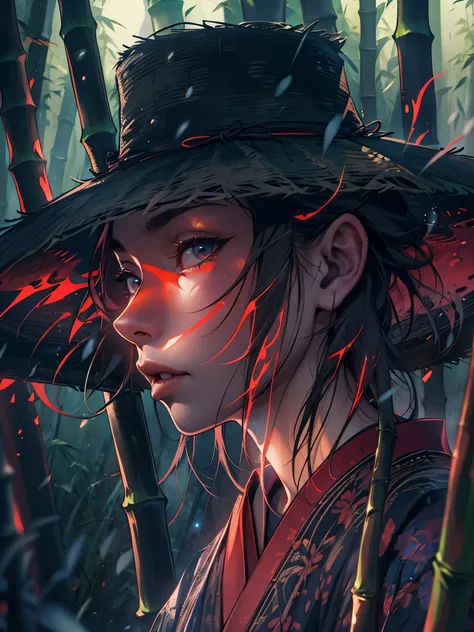 best quality, highres, ultra-detailed, realistic, HDR, moody, dark, bamboo hat, detailed raindrop effect, bamboo forest, moonlit night, black kimono with glowing red stripes, shining katana, epic scene