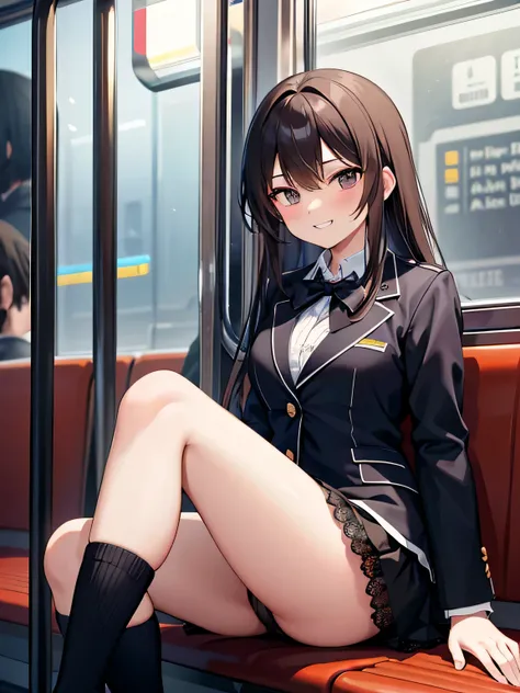 (1) A woman is sitting alone on a long seat on a train. she spreads legs and black lace panties.
She shows her black lace panties to the person in front of her.
(2) She is a high school girl, She is wearing a uniform consisting of a miniskirt, blazer, and ...