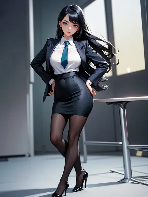 masterpiece, highest quality, solo, solo focus, (perfect face:1.1), (high detail:1.1), office lady, los angeles backdrop, black hair, long hair, green eyes, black pantyhose, blue suit, high heel shoes, pencil skirt, miniskirt, one hand on hip, full body sh...