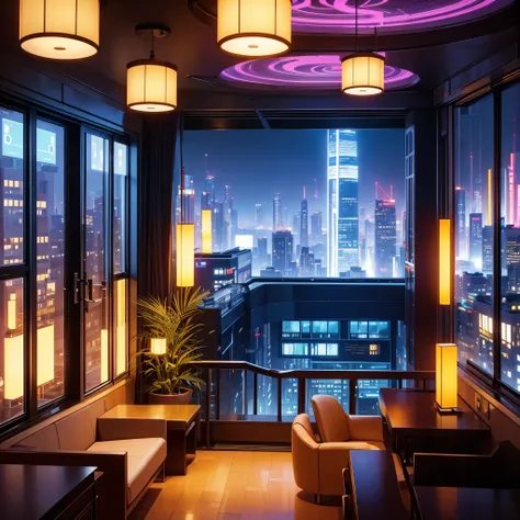 gorgeous,future world,cyber punk,ＳＦ,Hotel of the future,Suite Room,masterpiece,night view hotel,large room,upscale,colorful room,utopia,