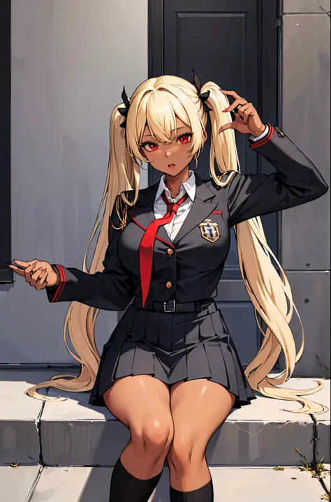 (masterpiece:1.3, highest quality), 1 female, alone, 19 years old, school uniform,blonde, twin tails, red eyes, open collaboration bone, black skin, (open chest:1.1),JK,big breasts,LJK