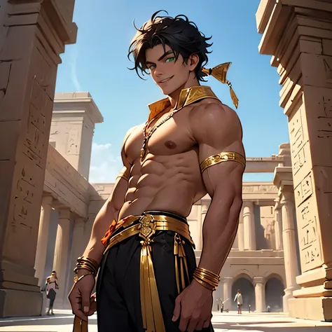 A 15-year-old boy walks smiling through the palaces of ancient Egypt black hair brown skin green eyes elegant black clothes with gold with a bare chest wearing red gold jewelry