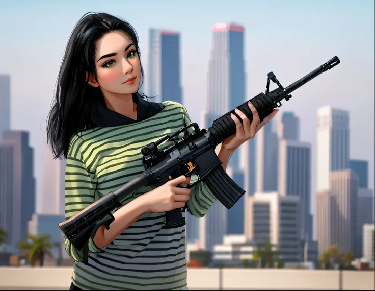 a woman holding a rifle and posing for a picture, holding ar-15, holding rifle, holding a rifle, with rifle in hands, with rifle, carrying a rifle, grabbing a rifle, holding a weapon, holding a sniper rifle, ultra realistic ar 16:9, holding gun, wielding a...