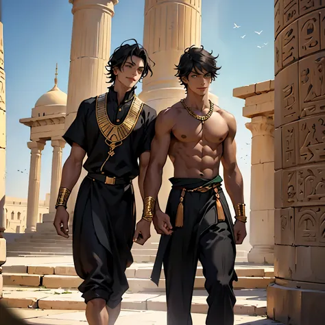 A thin 15-year-old boy with green eyes walks smiling through the palaces of ancient Egypt, black hair, brown skin, green eyes, elegant black clothes with gold, a bare chest, and wears red gold jewelry.