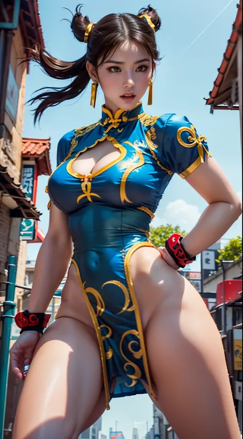 Create a hyper-realistic masterpiece, sexy realistic body, (Chun-Li), cinematic, photorealistic, photogenic, Goddess of beauty, she is adorable, has well-shaped lips, light honey eyes, martial arts fighter expression. She is known for her classic and grace...