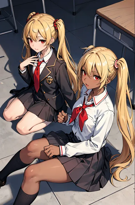 (masterpiece:1.2, highest quality), 1 female, alone, school uniform, classroom, Day, sit, blonde, twin tails, red eyes, Open collaboration bone, black skin, (open chest:1.1),Angle from above:1.15