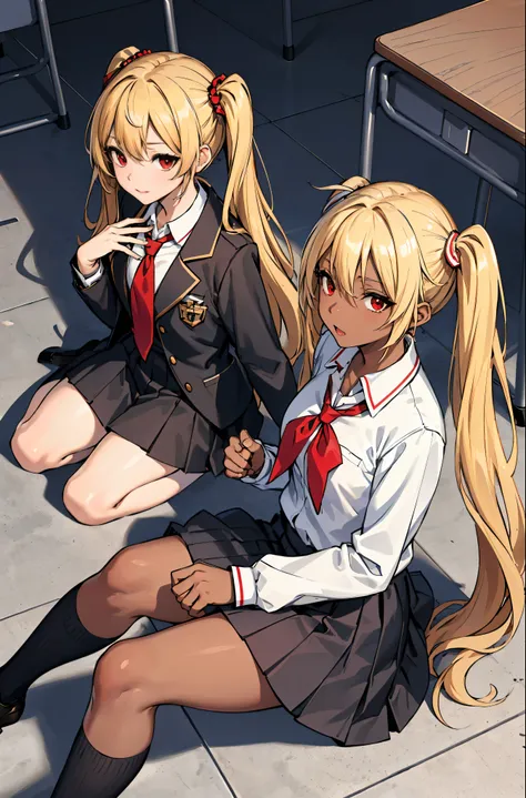 (masterpiece:1.2, highest quality), 1 female, alone, school uniform, classroom, day, sit, blonde, twin tails, red eyes, open col...