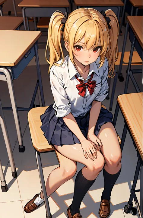 (masterpiece:1.2, highest quality), 1 female, alone, school uniform, classroom, Day, sit, blonde, twin tails, red eyes, open collaboration bone, black skin, (open chest:1.1),Angle from above:1.15