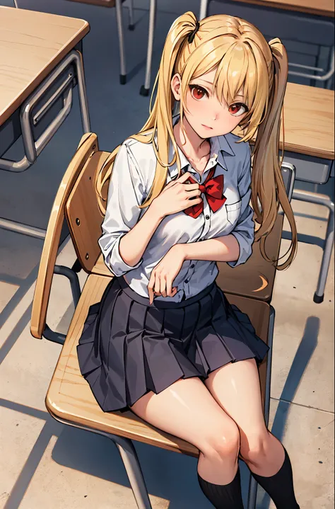 (masterpiece:1.2, highest quality), 1 female, alone, school uniform, classroom, Day, sit, blonde, twin tails, red eyes, Open collaboration bone, black skin, (open chest:1.1),Angle from above:1.15